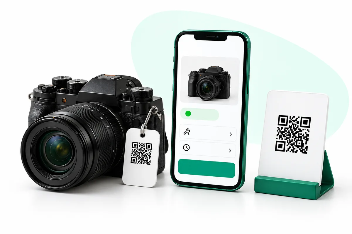 Appareil photo identifié par un QR code, téléphone et étiquette numérique pour organiser son matériel avec Outilo.