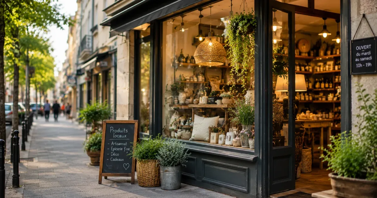 Boutique physique sur rue avec vitrine chaleureuse et ambiance de commerce de proximité