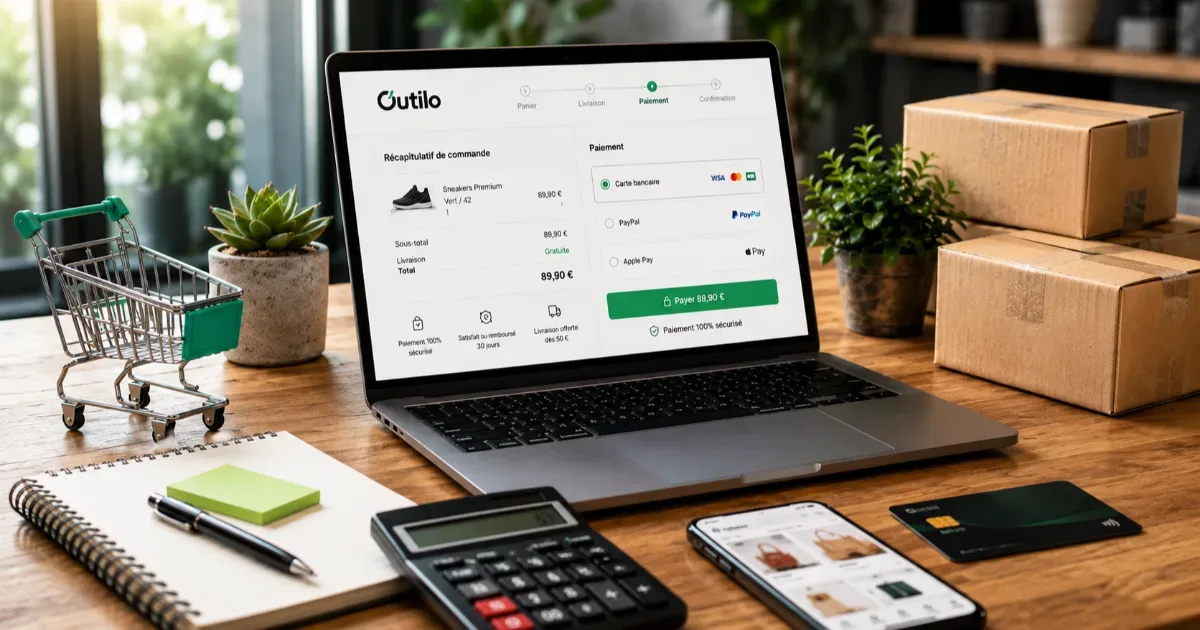 Bureau e-commerce photoréaliste avec ordinateur affichant une page de checkout, mini panier, colis, calculatrice, smartphone et carte bancaire, illustrant l’optimisation d’une boutique en ligne.