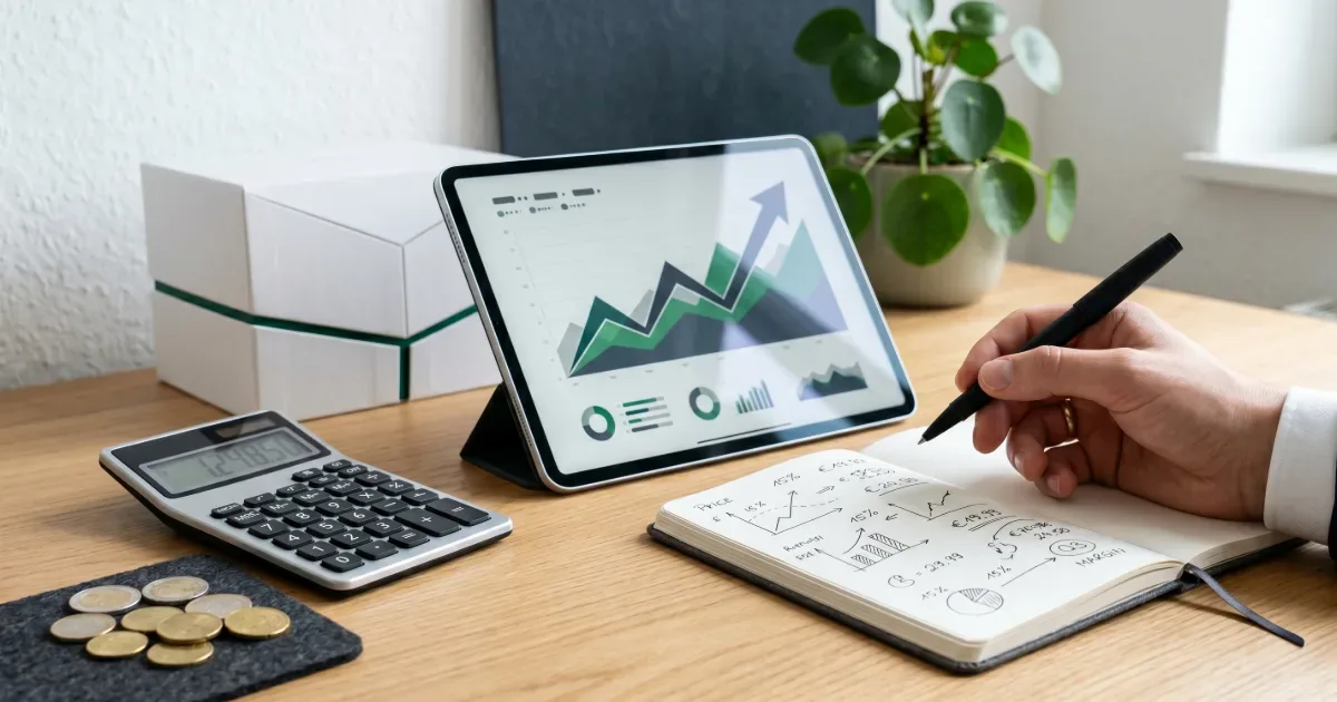 Bureau professionnel avec calculatrice, pièces, tablette affichant des graphiques de croissance et carnet de notes, illustrant un outil de calcul de marge commerciale.