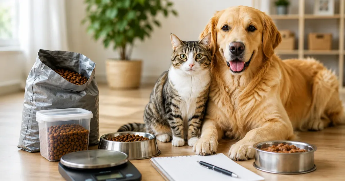 Chien et chat près de gamelles, d’un sac de croquettes et d’une balance de cuisine pour illustrer un calculateur de ration