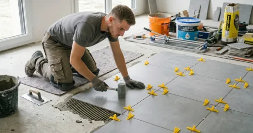 Carreleur installant de grands carreaux gris avec des croisillons jaunes pour obtenir des joints réguliers lors de la pose.
