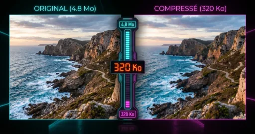 Comparaison avant après d’une image originale et compressée, montrant une forte réduction du poids du fichier tout en conservant le rendu visuel.
