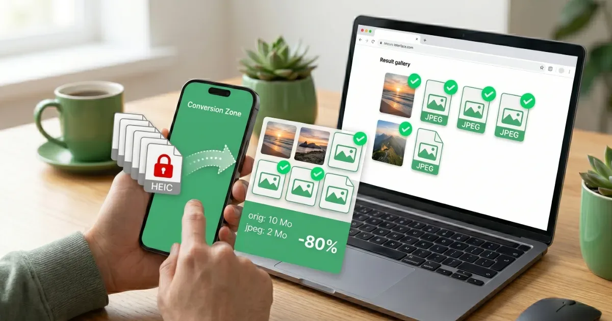 Conversion de fichiers HEIC en JPEG/PNG sur smartphone et ordinateur avec réduction de taille et optimisation des images