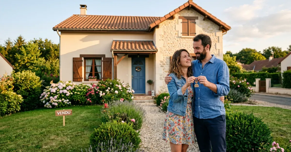 Couple heureux devant leur nouvelle maison tenant des clés, illustrant un simulateur de prêt immobilier
