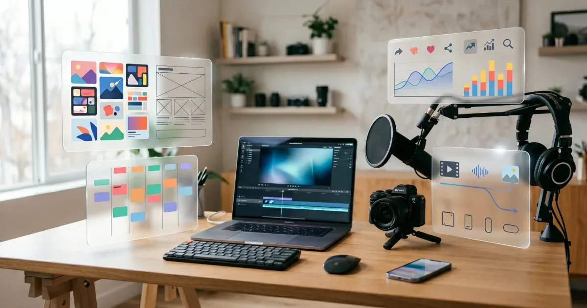 Espace de travail moderne d’un créateur de contenu avec ordinateur, appareil photo, micro, casque et panneaux visuels pour créer, organiser et analyser des contenus.