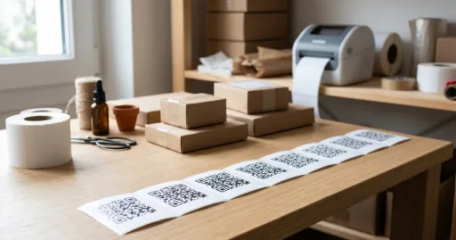 Étiquettes avec plusieurs QR codes imprimés en série sur un bureau avec imprimante, colis et accessoires de préparation.