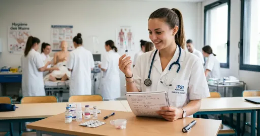 Étudiante en santé tenant une seringue orale et un carnet de dosage dans une salle médicale, pour illustrer un convertisseur mg en mL.