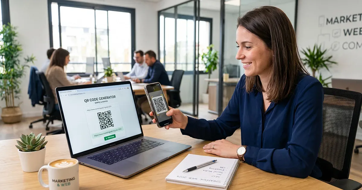 Femme cadre travaillant dans le marketing web et qui génère un QR code pour sa stratégie de communication