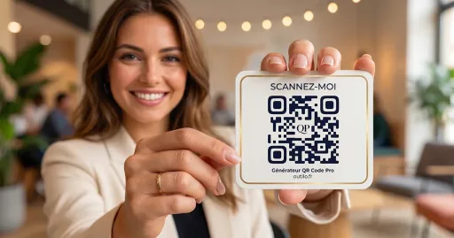 Femme commercial qui présente une carte de visite de haute qualité avec un qr code généré sur outilo.fr