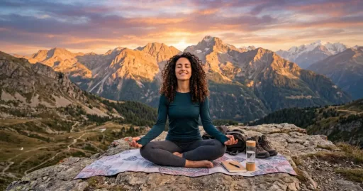 Femme détendu et profitant de la vie au sommet d'une montagne au couché du soleil
