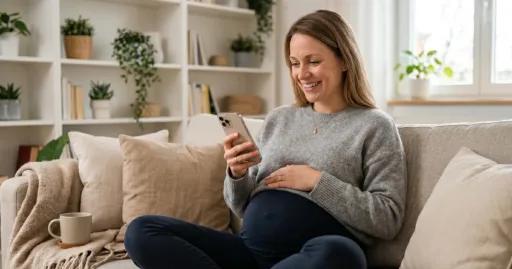 Femme enceinte souriante consultant son téléphone pour calculer sa date d’accouchement et ses semaines de grossesse
