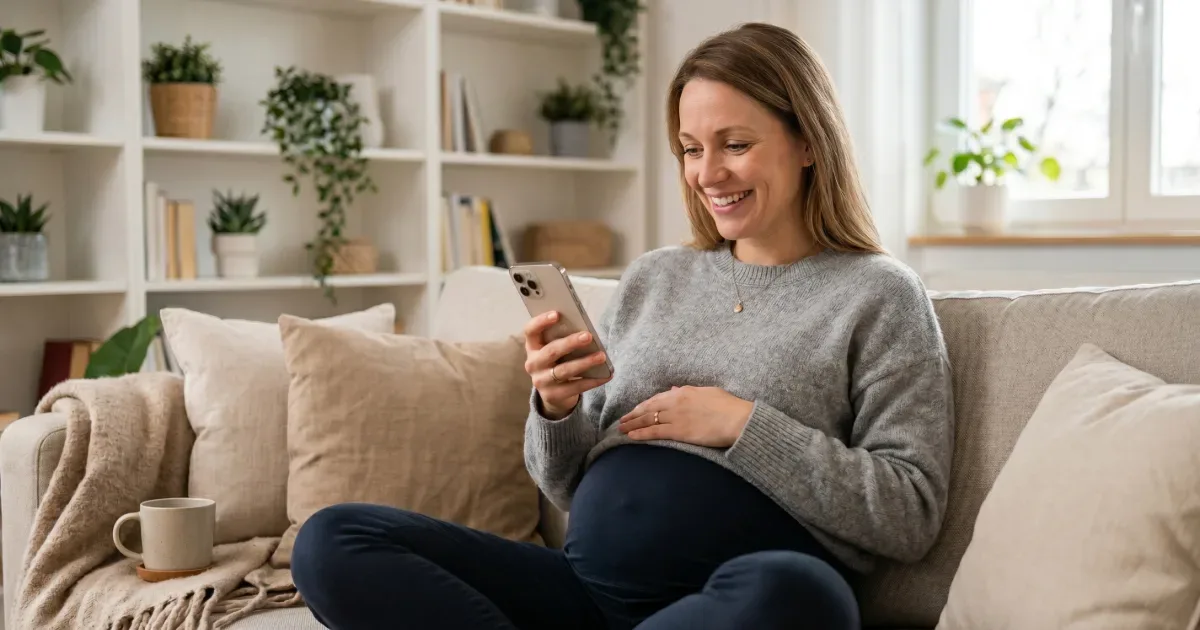 Femme enceinte souriante consultant son téléphone pour calculer sa date d’accouchement et ses semaines de grossesse