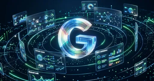 Grande lettre G lumineuse entourée de fiches de données SEO, symbolisant la génération d’un lien de profil Google et l’analyse Knowledge Graph d’un domaine web.