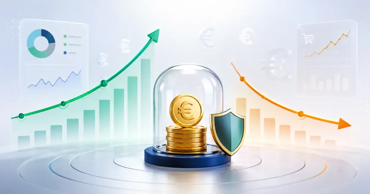 Illustration d’un simulateur d’épargne face à l’inflation, montrant des pièces en euros protégées et l’écart entre solde bancaire et pouvoir d’achat réel.