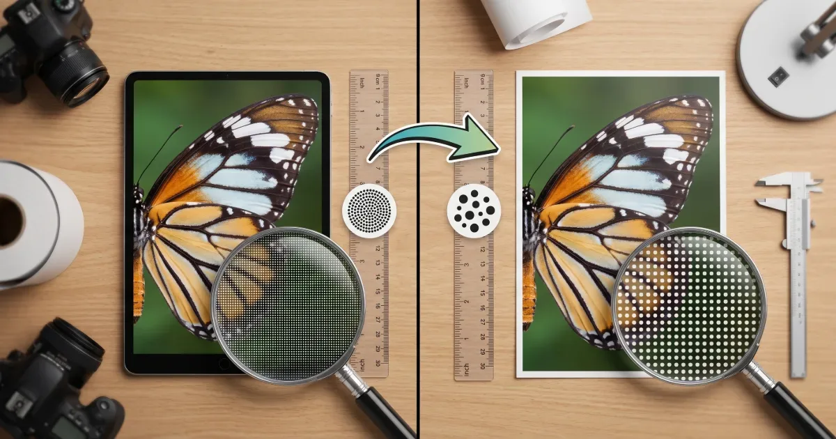 Illustration d’un bureau graphique avec écran, règle et feuilles imprimées pour représenter la conversion DPI, pixels et dimensions d’image.