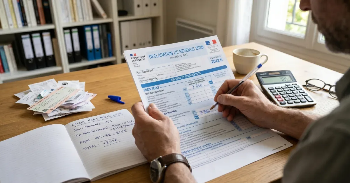 Personne calculant ses frais réels, jours travaillés et indemnités kilométriques avec un formulaire fiscal, un carnet de notes et une calculatrice.