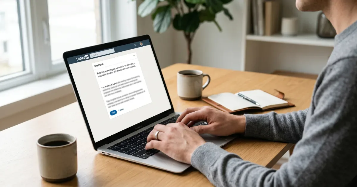 Personne en train de rédiger un post LinkedIn sur un ordinateur portable, dans un espace de travail minimaliste avec café et carnet, illustrant la création et l’optimisation de contenu
