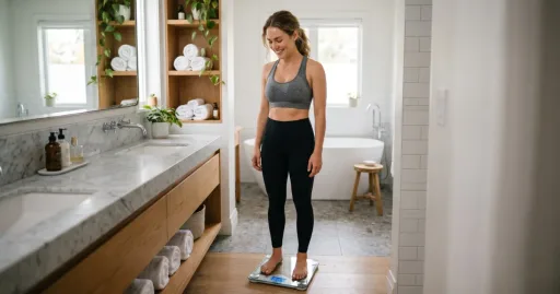 Personne se pesant sur une balance dans une salle de bain pour calculer son IMC et son poids idéal