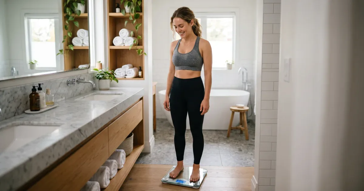Personne se pesant sur une balance dans une salle de bain pour calculer son IMC et son poids idéal