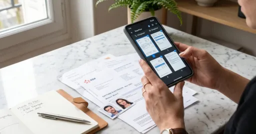 Personne utilisant un smartphone pour transformer plusieurs images et documents en un fichier PDF clair et prêt à partager.
