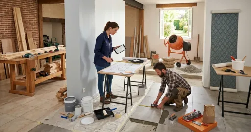 Personnes réalisant des travaux dans leur maison et ce serve de différent outils pour les aider dans leur calculs