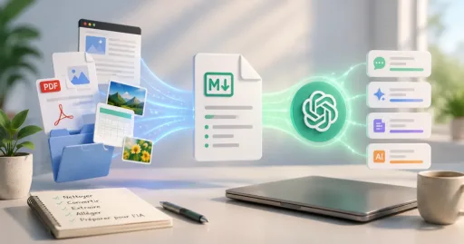 Illustration montrant des fichiers PDF, images et documents convertis en contenu propre prêt à être utilisé avec une IA.