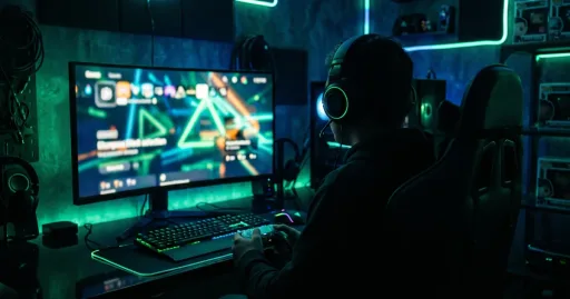 Setup gaming réaliste avec joueur de dos devant un écran, illustrant un générateur de pseudo gamer pour créer un nom unique.