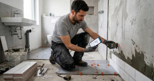 Un poseur de carrelage qui calcul la surface pour poser du carrelage