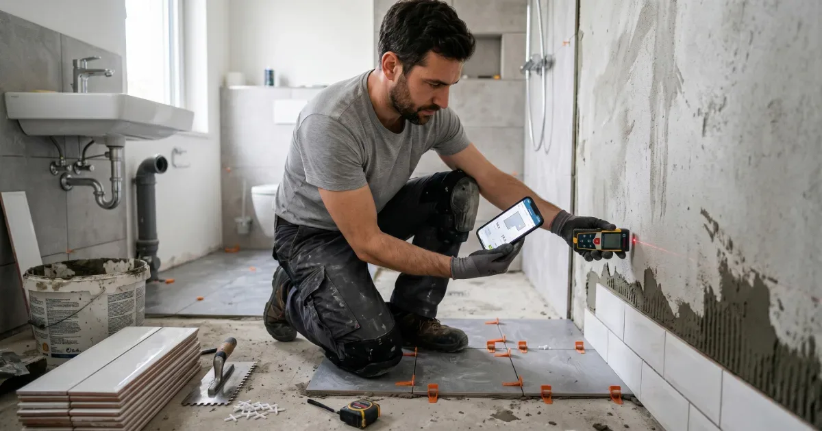 Un poseur de carrelage qui calcul la surface pour poser du carrelage