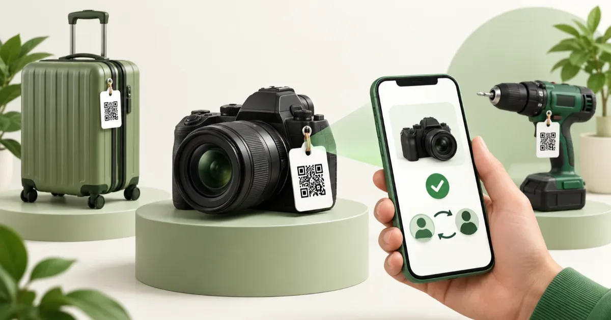 Un smartphone scanne le QR code d’un appareil photo. Une valise et une perceuse étiquetées illustrent l’identification des objets et la gestion des prêts et retours avec ThingPass.